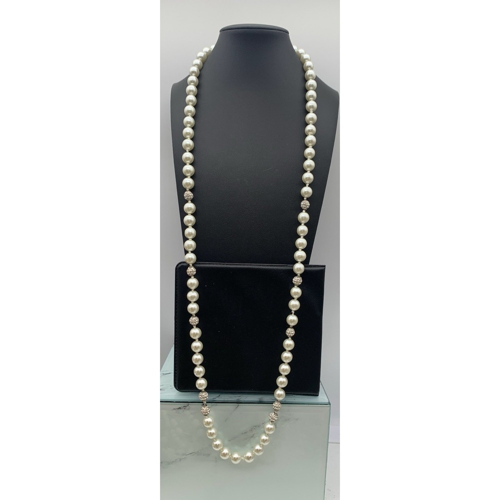 Hand Knotted Glass Faux Pearl Necklace With Pave Bead Accents 35-37 Inches
